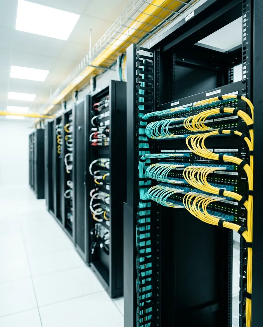 Data centre rack with neatly dressed fiber patch cords