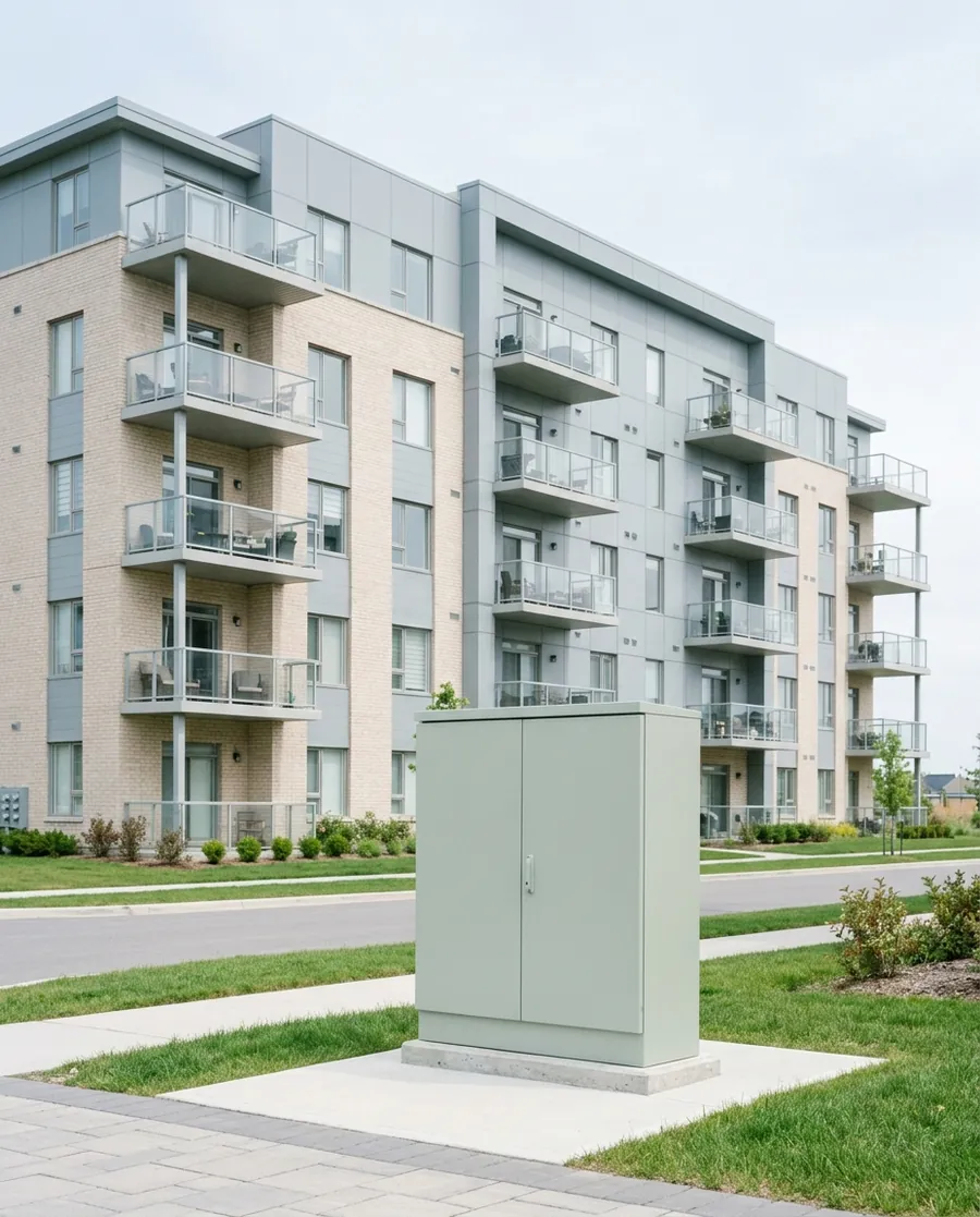 Apartment building with an outdoor fiber cabinet in front