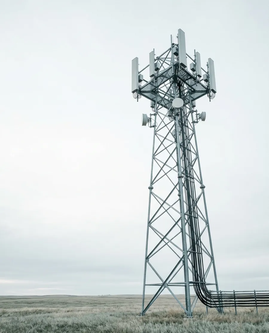 Telecom tower with 5G antennas on the prairie